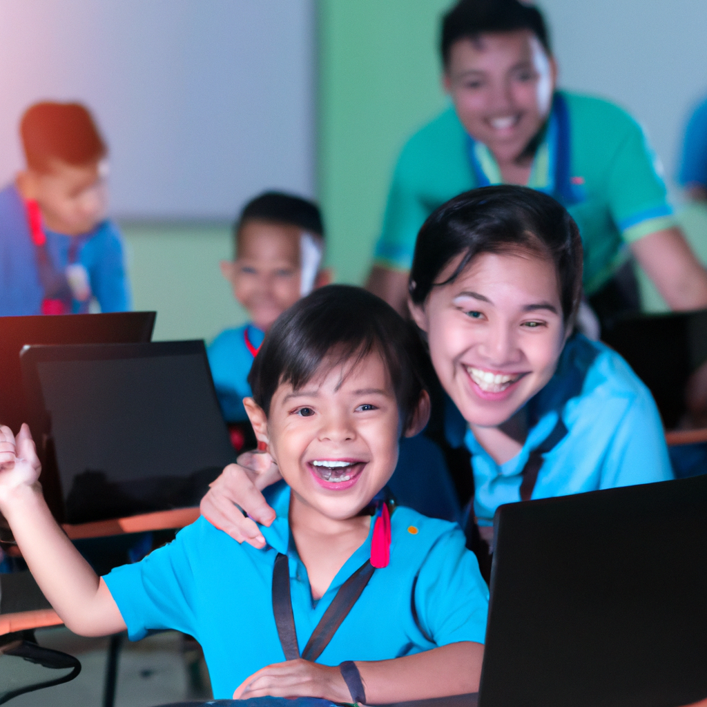 Panoramic photo of children coding in a colorful classroom with a mentor guiding them on laptops