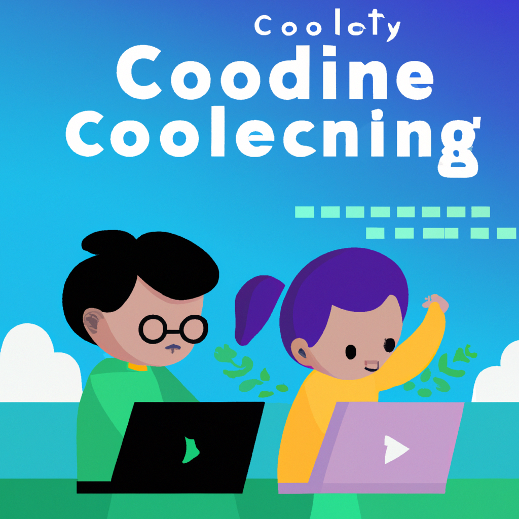 Children learning coding together using laptops in a playful, colorful setting